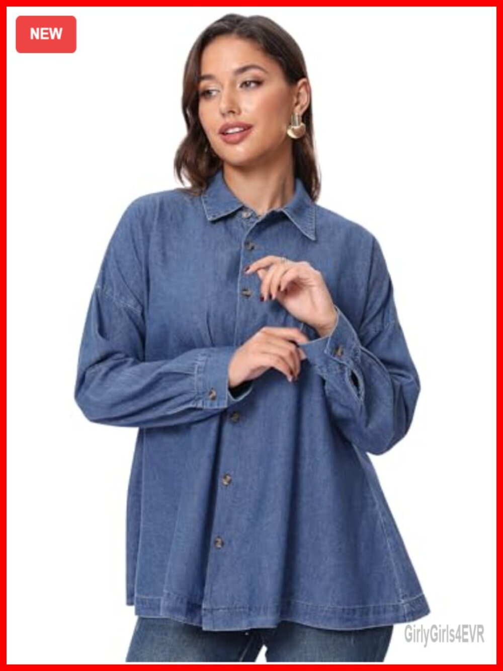 Womens Denim Button Down Tunic Top Long Length Collared Shirt